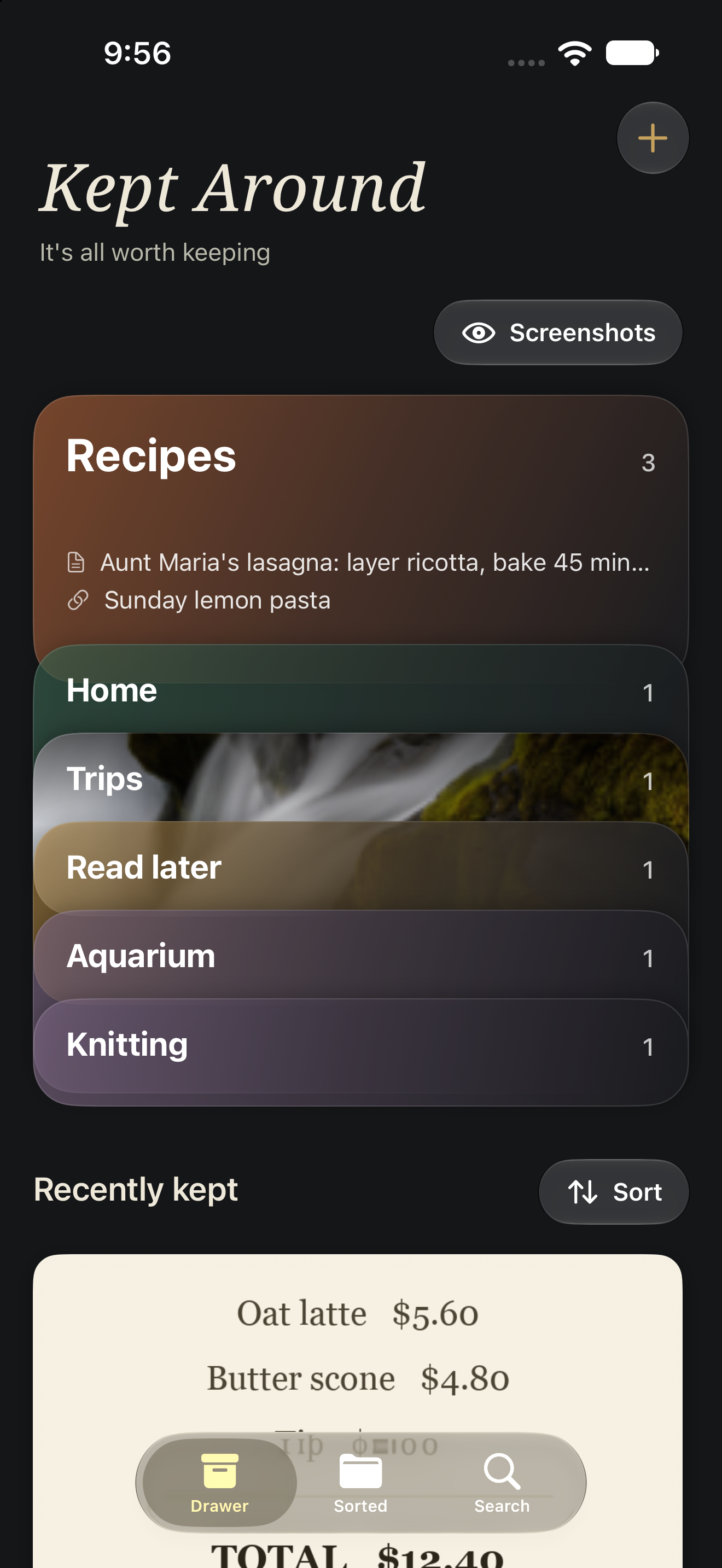 The Kept Around drawer: collections for Recipes, Home, Trips, Read later and more, above recently kept items