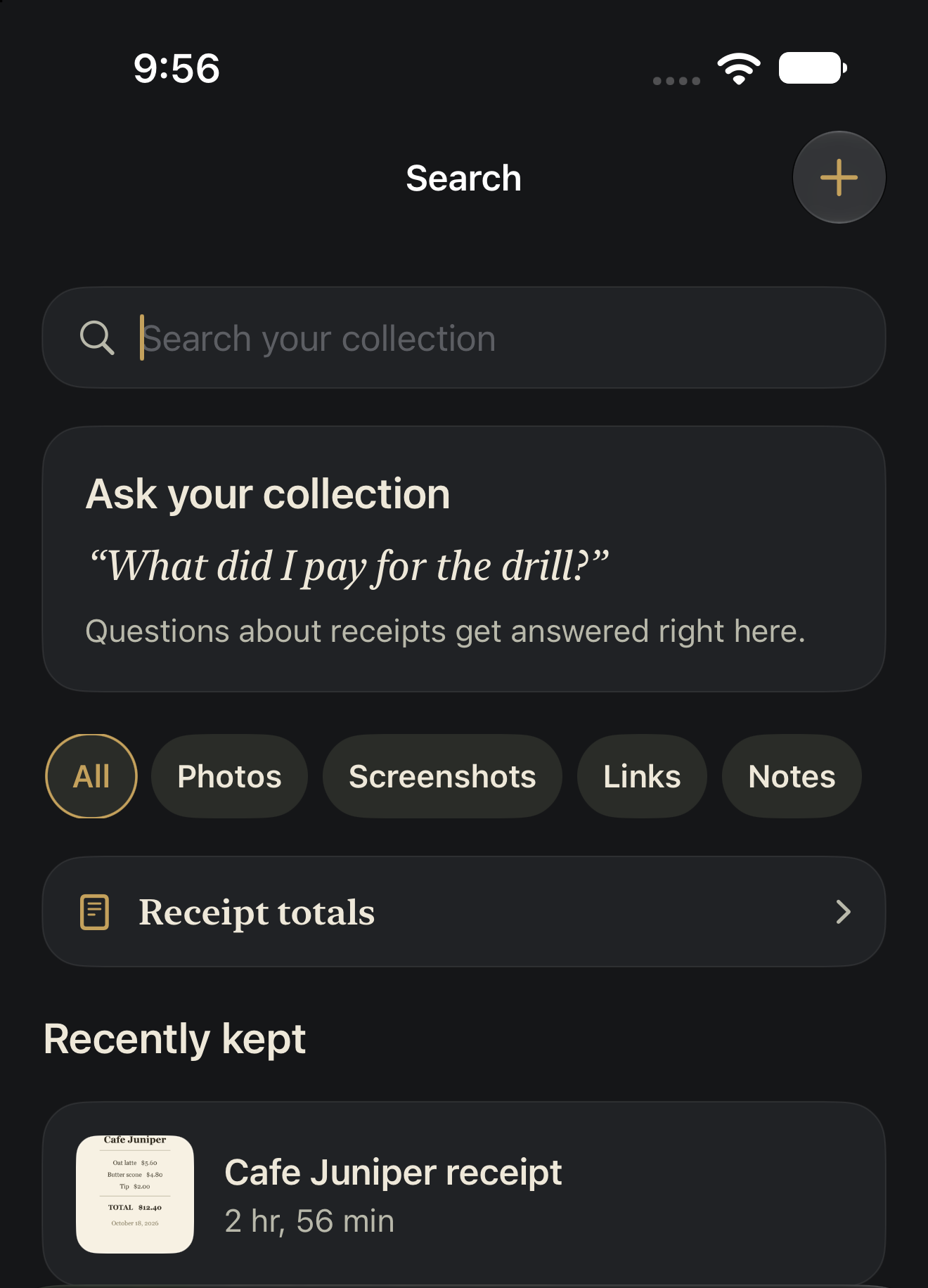 Kept Around search: ask your collection a question, filter by kind, and see receipt totals