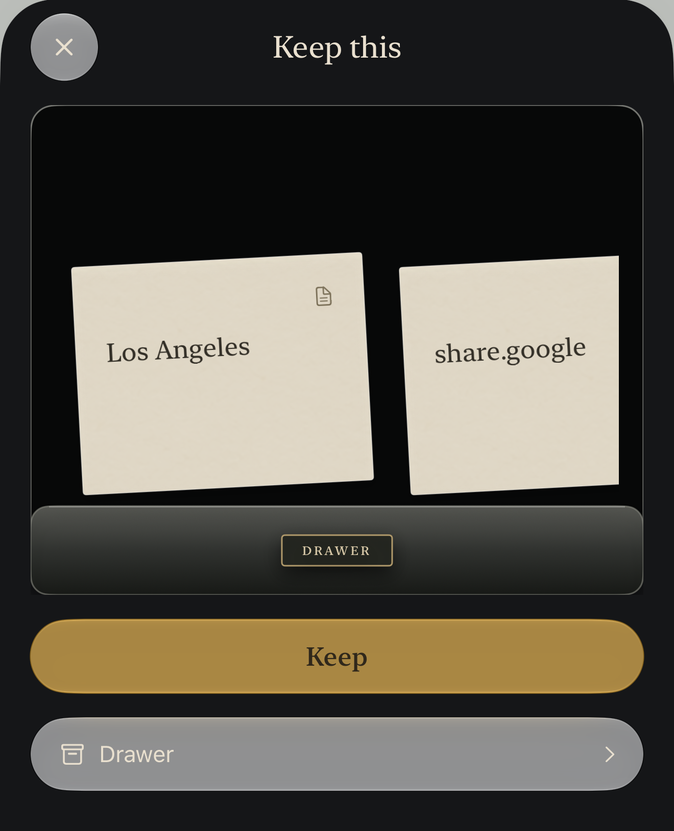 Sharing a web page into Kept Around: the Keep drawer slides up with a preview card of the page, a collection picker, and a gold Keep button